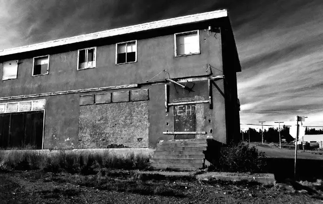 The abandoned Uranium City Hotel